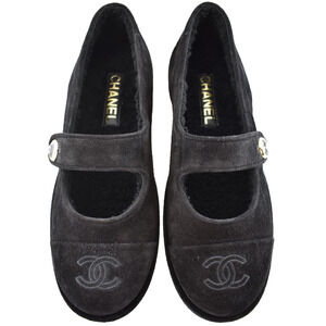 Chanel 25B Black Suede Shearling Fur Mary Jane Moccasin Ballet Loafer Flat 36.5